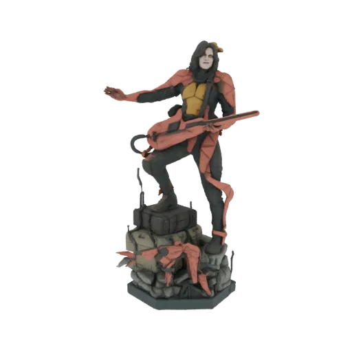 3D model of a cyberpunk musician with dark hair and makeup, wearing a red and black outfit, holding an energy guitar on a roc