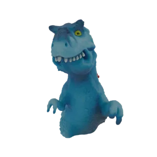 A 3D render of a blue cartoon dinosaur hand puppet with large yellow eyes and sharp teeth, posed with its arms forward.
