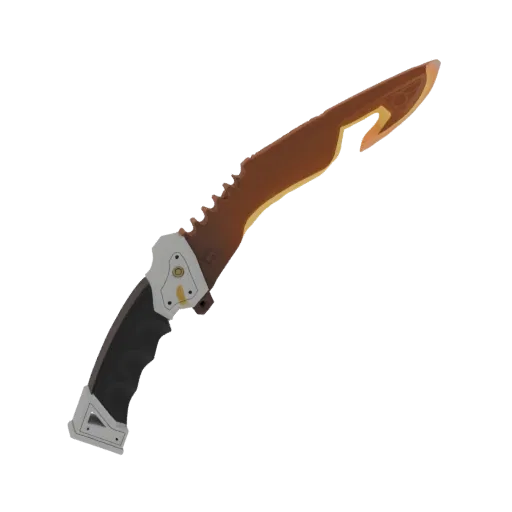 3D model of a futuristic combat knife with a curved, serrated blade and a tactical grip, rendered against a black background.