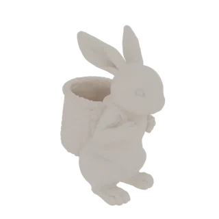 Modelo 3D de um coelho da Páscoa em cerâmica fosca segurando uma cesta trançada, adequado para impressão 3D e uso digital.
