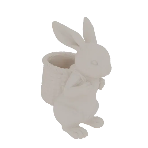 3D model of a matte ceramic Easter bunny holding a woven basket, suitable for 3D printing and digital use.