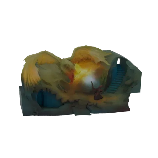 3D model of a fantasy dragon's lair with a golden dragon, a wizard, and a stone staircase, rendered with a painterly style.