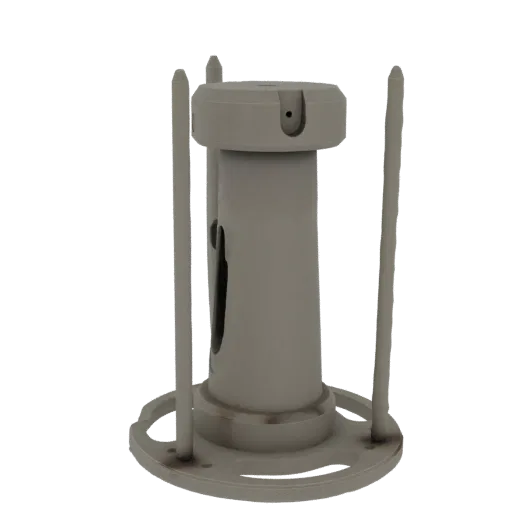 3D model of a gray industrial pipe fitting with four support rods and a circular base, presented against a white background.