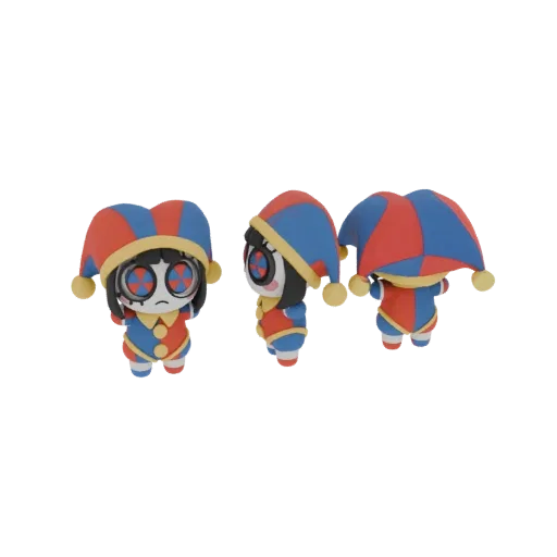 3D-Modell eines Chibi-Gaukler-Charakters mit rot-blauem Kostüm und Spiralaugen, aus verschiedenen Blickwinkeln gezeigt.