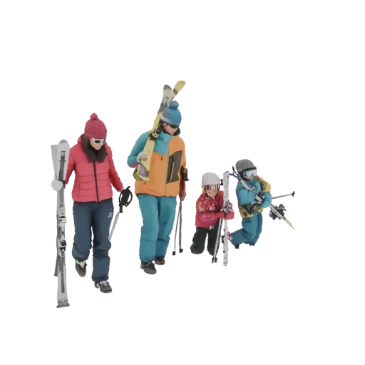 3D model of a family of four, including two adults and two children, dressed in ski gear and carrying skis and poles.