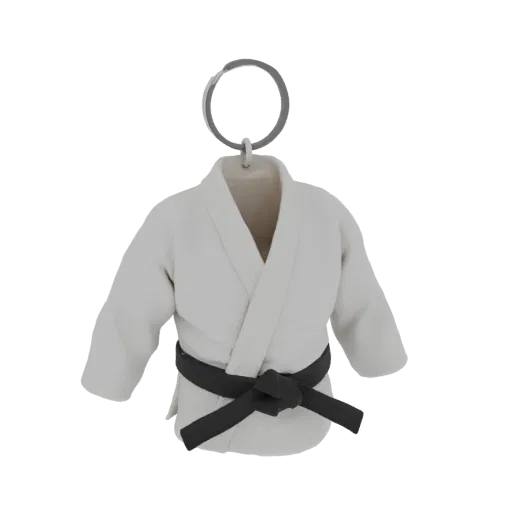 3D model render of a miniature white martial arts gi with a black belt, attached to a keychain ring.