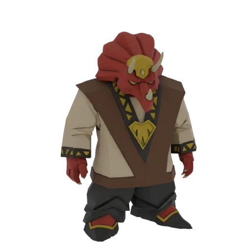 3D model of a Red Triceratops Warrior with a detailed dinosaur head, tribal clothing, and a powerful stance.