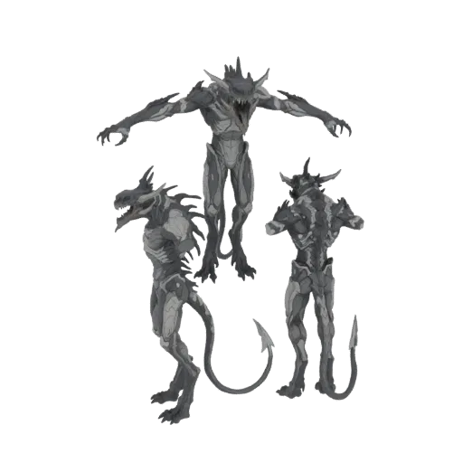 Un rendu 3D d'une créature gargouille menaçante avec des griffes acérées et une tête reptilienne, montré sous plusieurs angle