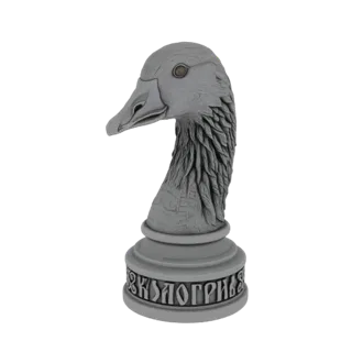 3D model render of a grey goose chess piece with detailed feathers and an ornate carved base, set against a white background.