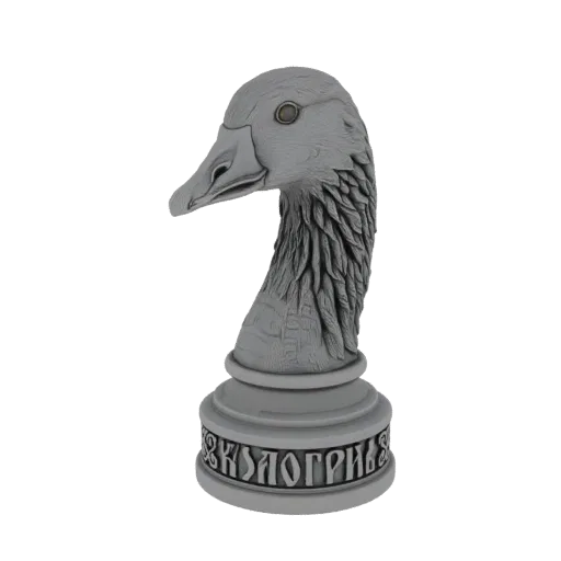 3D-Modell-Render einer grauen Gans-Schachfigur mit detaillierten Federn und einem verzierten geschnitzten Sockel, vor weißem