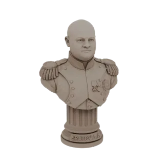 Busto modelo 3D de Bratov A.A. con uniforme militar y medallas, expuesto sobre una base de columna.