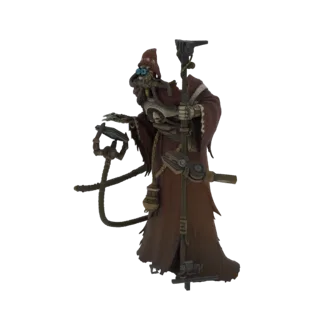 3D model of a Steampunk Alchemist character with a mechanical arm and a staff, wearing a hooded robe.