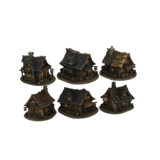 Une collection de six modèles 3D de maisons de village médiévales rustiques, disposées en deux rangées de trois, sur fond bla