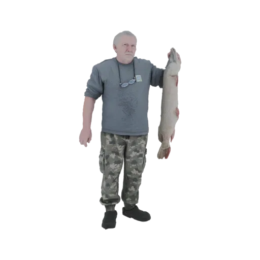 3D model of a middle-aged fisherman with grey hair, wearing a t-shirt and camouflage pants, holding a large pike.