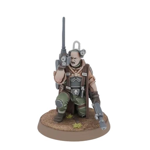3D model of a kneeling soldier in tactical gear, holding a radio to their ear and a rifle in their other hand.