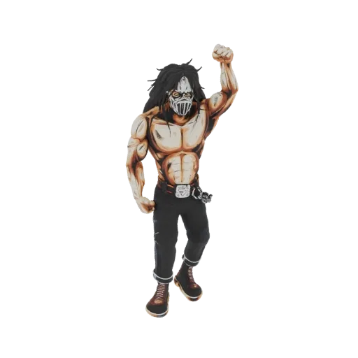 3D model of a muscular, shirtless warrior with long black hair and a metallic mask, raising a fist in the air.