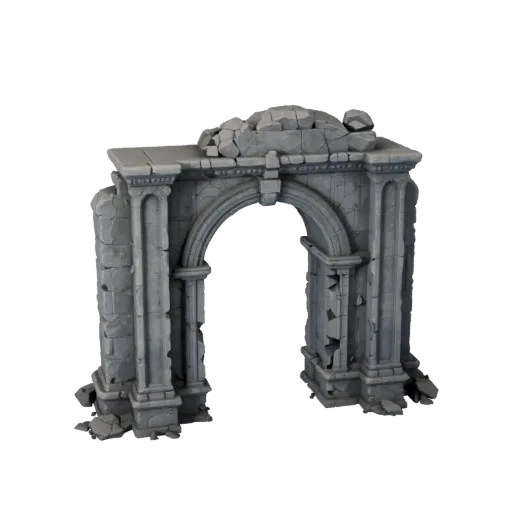 Ruined Stone Archway Unity 3D model, isometric viewport view, showing aged stone, built remnants.
