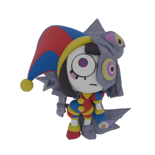 3D model of a jester character with a jester hat, colorful costume, and integrated grey, skeletal elements.