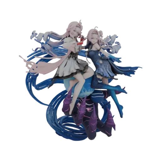 3D model of two anime girls with pink hair, one in a white dress and the other in a blue dress, emerging from a swirling blue
