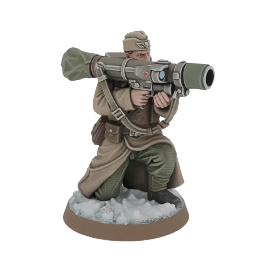 Modelo 3D de Guardia Imperial arrodillado en uniforme beige, apuntando un lanzamisiles con base nevada.