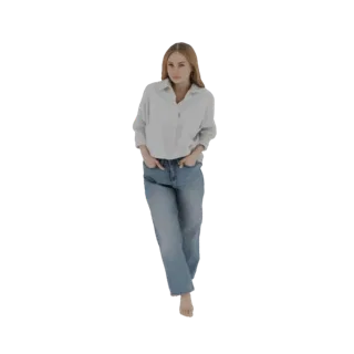 Modèle 3D d'une femme aux cheveux blonds portant une chemise bleu clair et un jean bleu, debout les mains dans les poches.