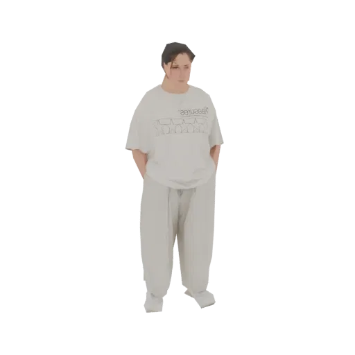Modelo 3D de persona de pie, vistiendo una camiseta oversize de color claro y pantalones holgados, con las manos en los bolsi