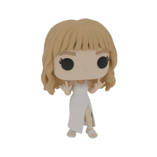 3D model of Taylor Swift in a white dress, depicted in the style of a Funko Pop collectible figure.