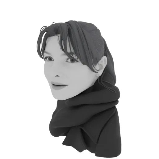 A 3D model of a woman wearing a stylized black scarf, presented in grayscale.