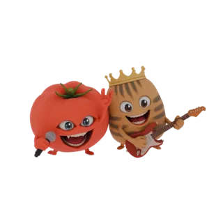 Modèle 3D d'une tomate cartoon avec un microphone et une pomme de terre couronnée jouant de la guitare, tous deux avec des ex