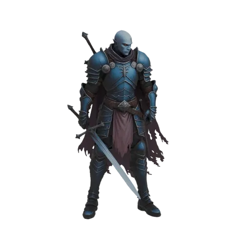 3D model of a dark knight in blue armor, holding a greatsword and wearing a tattered cape, against a white background.