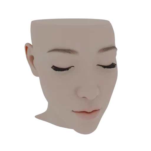 3D female face model, closed eyes, neutral expression, smooth skin, no hair or lashes