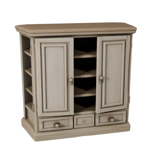 Wall Mounted Cabinet Stylized 3D model, dining room, stylized isometric render, painted wood detail.