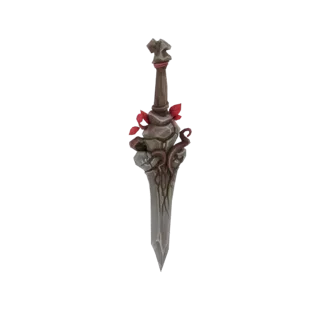 Modello 3D di un pugnale fantasy in pietra con nastri rossi legati attorno all'elsa, caratterizzato da una lama affilata e an