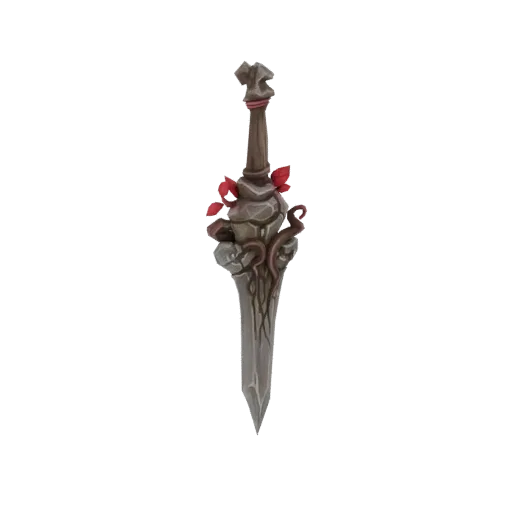 Modèle 3D d'une dague de fantaisie en pierre avec des rubans rouges noués autour de la garde, présentant une lame tranchante