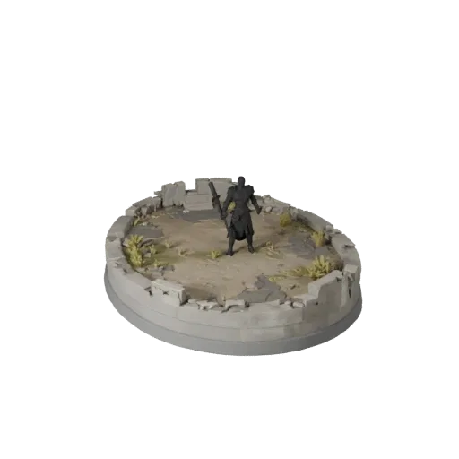 Ruined Oval Base low poly 3D model preview showing rim shape, three-quarter game view, height and ground texture