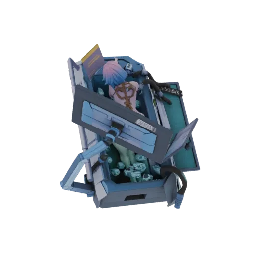 3D model of a futuristic sci-fi pod with a figure inside, featuring blue and grey tones and pink-blue hair on the figure.