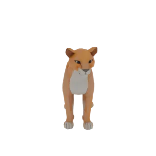 Ein Low-Poly, stilisiertes 3D-Modell einer Löwin, die auf einem weißen Hintergrund steht und mit neutralem Ausdruck nach vorn