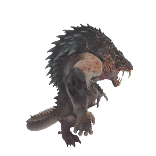 3D model of a ferocious, bipedal beast with dark spikes, sharp claws, and bared teeth, shown in profile against a black backg