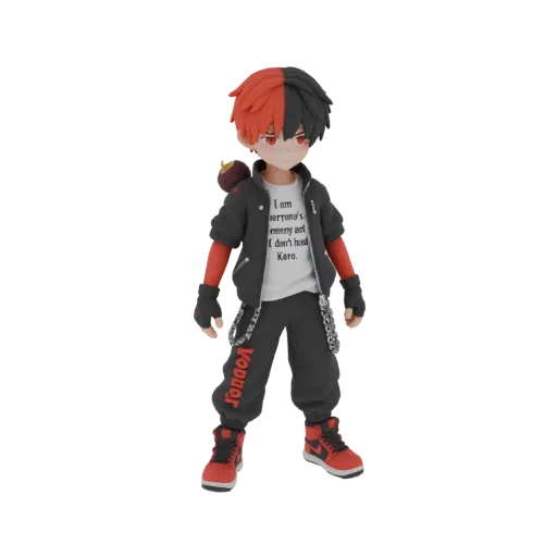 Modelo 3D de chico anime con cabello rojo y negro, chaqueta negra, camiseta blanca y pantalones negros con inscripción "Youne