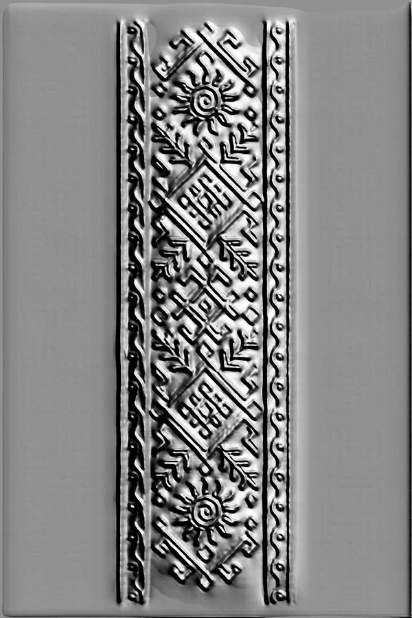 3D-Modell eines Basreliefs mit Solarsymbol und floralem Ornament im slawischen Musterstil