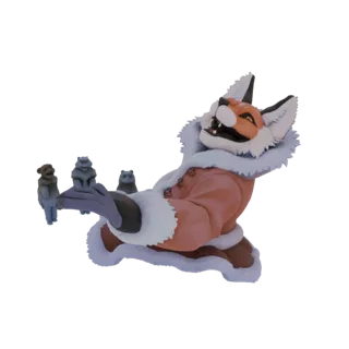 Uma renderização 3D de uma raposa feliz usando um casaco com acabamento em pele, segurando três pequenas miniaturas de urso e