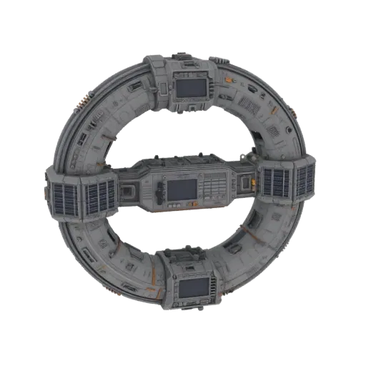 Orbital Docking Hub Printable 3D model, isometric STL render, showing metal modules, modular station layout.