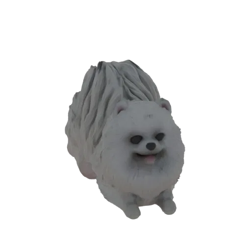 A 3D model of a fluffy white Pomeranian dog with its tongue out, sitting attentively.