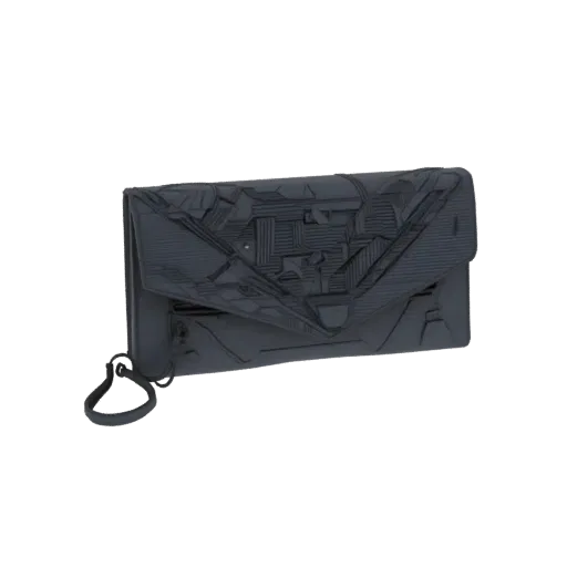 A dark gray, minimalist geometric clutch with an embossed pattern and a wrist strap, presented as a 3D model.