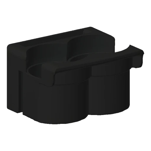 A 3D render of a modern geometric desk organizer with multiple compartments, presented in a neutral gray finish on a textured