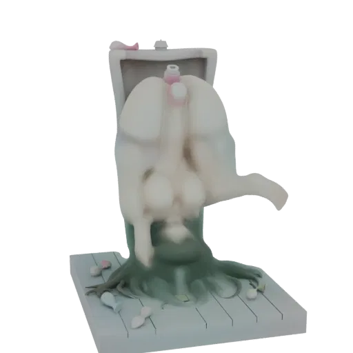 3D model of a surreal figure with a dripping, abstract form emerging from a toilet, set on a tiled base.