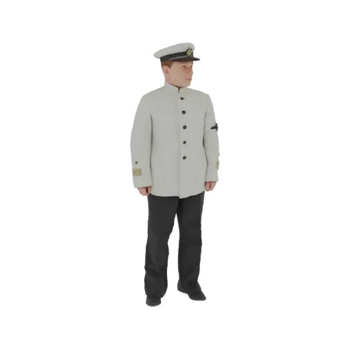 3D model of a naval officer in a light-colored formal uniform and peaked cap, standing and looking to the side.