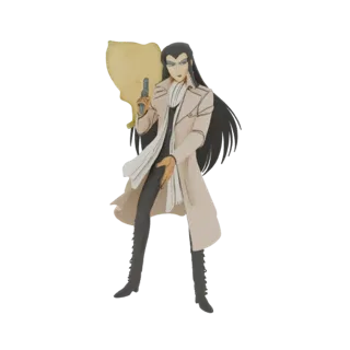 3D-Modell eines Anime-Detektivs mit langen schwarzen Haaren, Trenchcoat und gelbem Umhang, der einen Revolver hält.