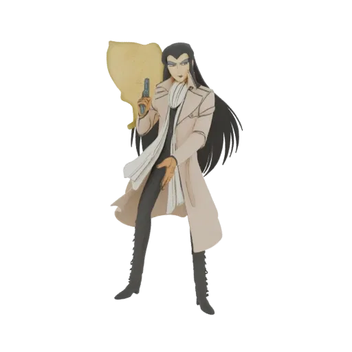 3D model of an anime detective with long black hair, wearing a trench coat and a yellow cloak, holding a revolver.