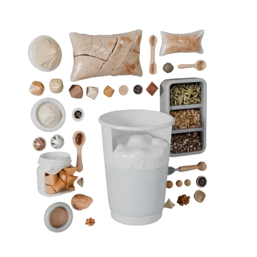 Pantry Rice Sack 3D model, three-quarter front view, AR viewer studio render, showing powders, small ingredient shapes.